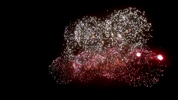 Ljusa röda grön gul explosioner av fyrverkeri Visa mot svart bakgrund. — Stockvideo