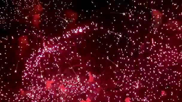 Explosiones amarillas verdes rojas brillantes de la exhibición de fuegos artificiales sobre fondo negro . — Vídeos de Stock