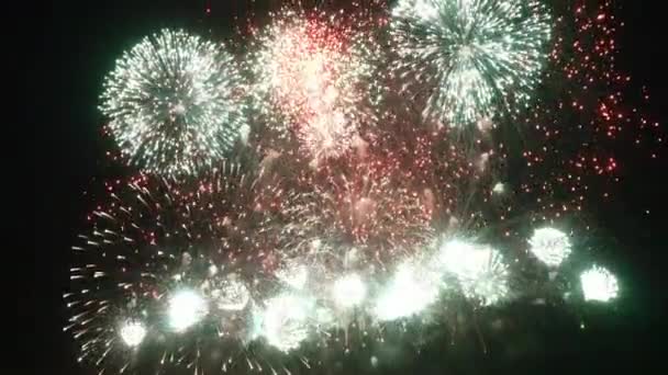 Tűzijáték jeleníti meg a fekete háttér éjjel. — Stock videók