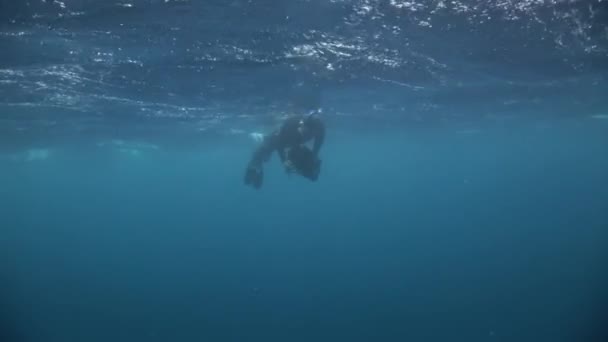 Operador de Scuba d iver con cámara de video bajo el agua en la superficie del agua . — Vídeo de stock