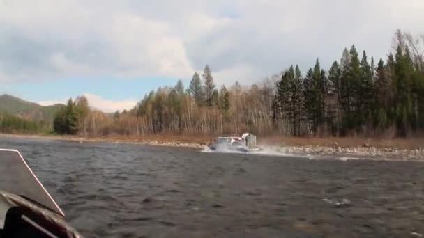 Airboat aliante sul fiume di montagna Temnik . — Video Stock