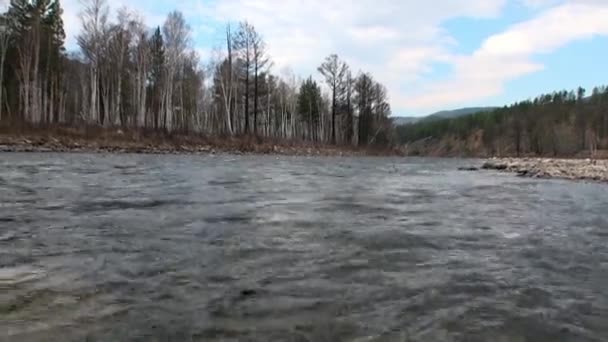 Sauberes Wasser und steinerner Felsgrund im Frühling im Gebirgsfluss Temnik. — Stockvideo