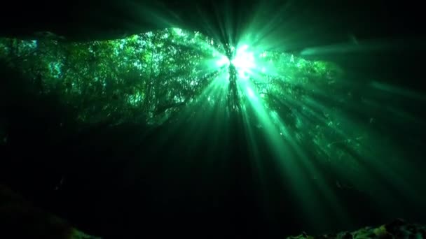 Reflectie van zonlicht in de grotten van Yucatan cenotes onderwater. — Stockvideo