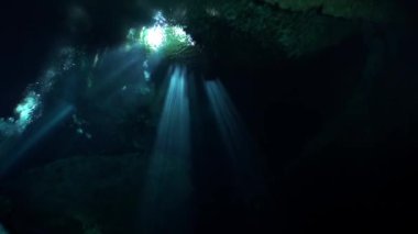 Yüzme sualtı Meksika'daki Yucatan cenotes karanlık mağaralara el feneri ile.