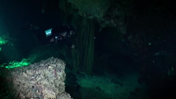 Scuba duiken onderwater grotten van Yucatan Mexico cenotes. — Stockvideo