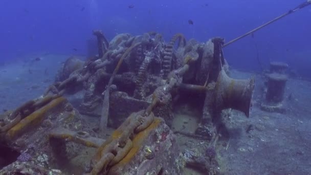Däck av ett sjunket skepp undervattens Röda havet. — Stockvideo