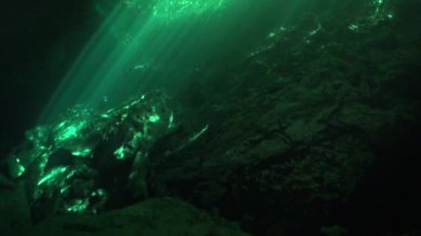 Yucatan cenotes sualtı mağaraları içinde güneş ışığı yansıması.