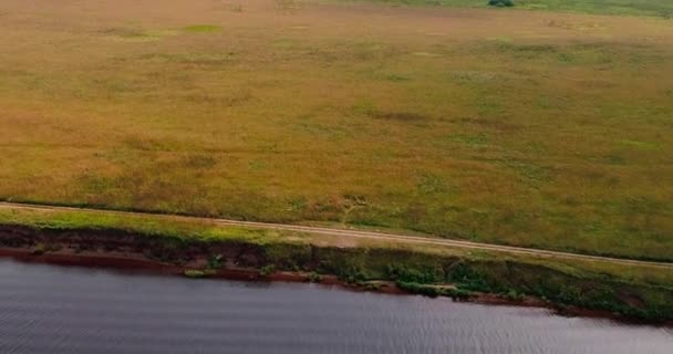 Veld in de buurt van Volga Luchtfoto uitzicht op de rivier van vliegen quadcopter over bos. — Stockvideo