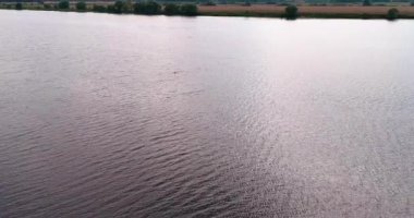 Adam nehir Volga havadan görünümü quadcopter içinde yüzüyor.