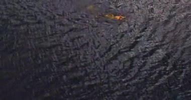 Adam geniş nehir Volga uzak shore havadan görünümü quadcopter yüzüyor.