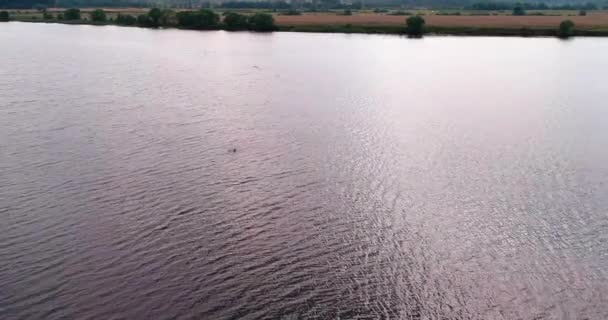 Mann schwimmt in Fluss Wolga Luftbild Quadrocopter. — Stockvideo