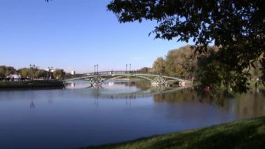 İnsanlar Nehri yakınında bir parkta yaz aylarında Moskova'da yürüyor.