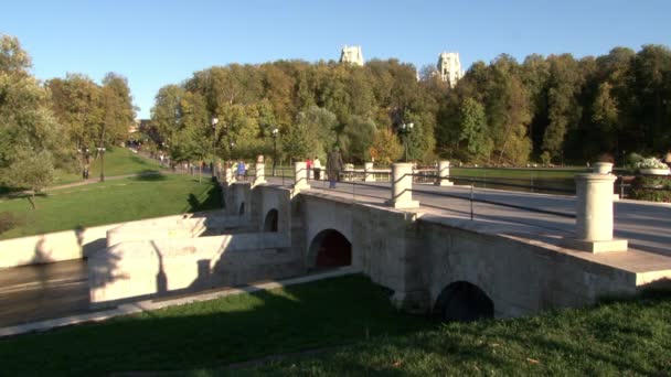 People go across bridge in park in summer. — Stock Video