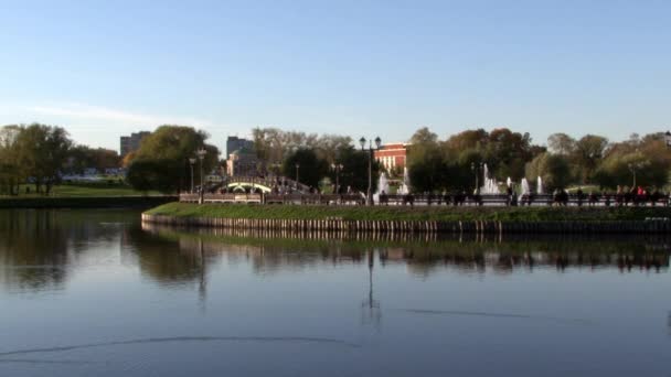 Mensen lopen in een park in de buurt van de rivier in de zomer in Moskou. — Stockvideo