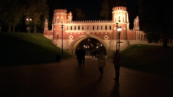 Kırmızı tuğla kuleleri ve kale Köprüsü Tsaritsyno Müzesi Moskova geceleri. — Stok video