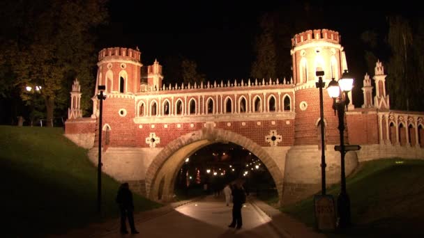 Torres de ladrillo rojo y fortalezas del puente Museo Tsaritsyno en Moscú por la noche . — Vídeos de Stock