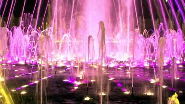 Tanzende Springbrunnen in ultravioletten Farben in Moskau bei Nacht. — Stockvideo