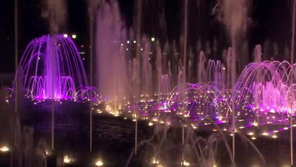 Tančící fontány ultrafialové barvy v Moskvě v noci. — Stock video