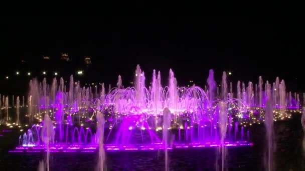 Agua colorida brillante en fuentes danzantes de colores ultravioleta en la noche . — Vídeos de Stock