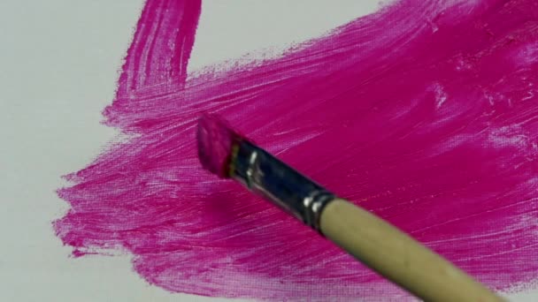 Slow motion brush with raspberry paint on background of white canvas. — Stock Video