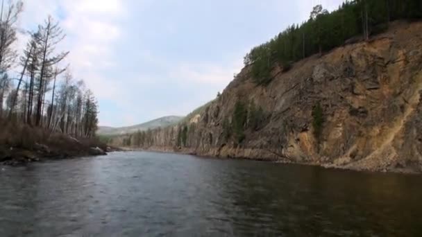 Skalisty brzeg rzeki w Górach Syberii Rosji. — Wideo stockowe