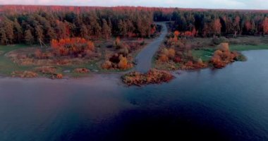 Sonbahar gündoğumu havadan görünümü quadcopter orman 4k üzerinde Volga Nehri.