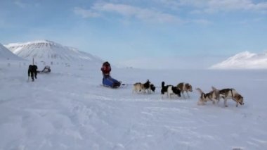 Kuzey kutup kuzey kutbunda yolda köpek kızağı takım husky Eskimo insanlar seferi.