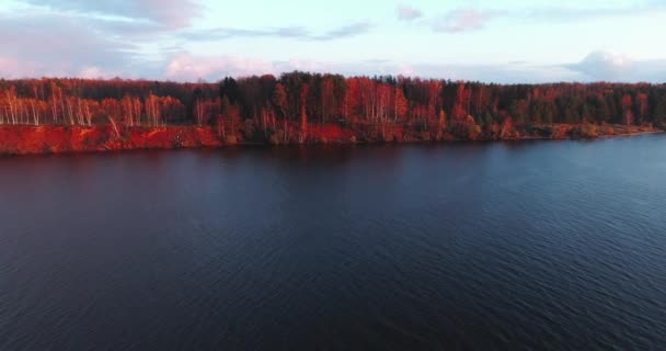 Sonbahar gündoğumu havadan görünümü quadcopter orman 4k üzerinde Volga Nehri. — Stok video