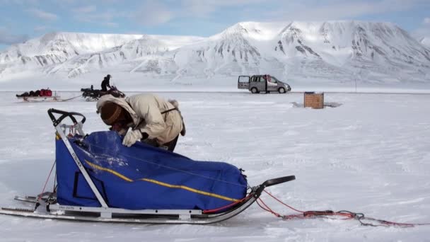 Ekspedycja ludzi na zaprzęg husky Eskimo szosa z bieguna północnego w Arktyce. — Wideo stockowe