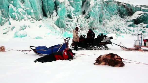 Ekspedycja ludzi na zaprzęg husky Eskimo szosa z bieguna północnego w Arktyce. — Wideo stockowe