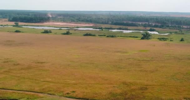 Champ près de la Volga vue aérienne du quadcopter volant au-dessus de la forêt .