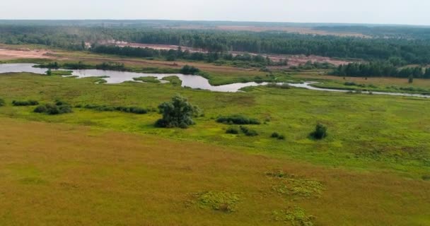 Területen, közel a Volga folyó légi felvétel a repülő quadcopter-több mint erdő. — Stock videók