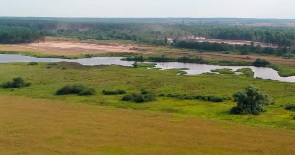 Dobre a vista aérea do rio do quadricóptero voador sobre a floresta . — Vídeo de Stock