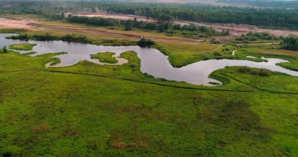 Krök av floden Flygfoto från flying quadcopter över skogen. — Stockvideo