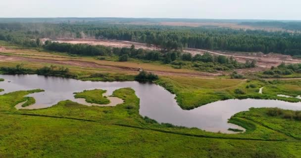 Curva de vista aérea del río desde el quadcopter volador sobre el bosque . — Vídeos de Stock