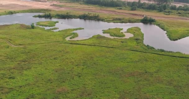 Courbe de la rivière vue aérienne du quadcopter volant au-dessus de la forêt . — Video