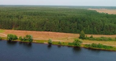 Orman ve toprak yola Volga Nehri havadan görünümü quadcopter uçan gelen yakınındaki.