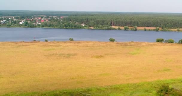 Górny widok z lotu quadcoptera nad lasem na rzekę Wołgę. — Wideo stockowe