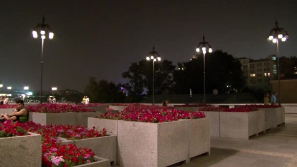 Människor promenera längs Patriarkernas bro till katedralen av Kristus Frälsaren på natten. — Stockvideo