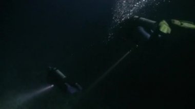 Scuba diver gece suyun altında altındaki arka plan üzerinde el feneri ile.
