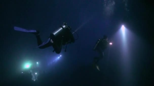 Mergulhador com lanterna no fundo da parte inferior da noite subaquática . — Vídeo de Stock