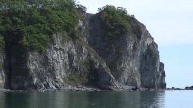Yeşil taşlı kıyı şeridi Sahil kayalar ve dalgalar deniz Japonya deniz yüzey su.