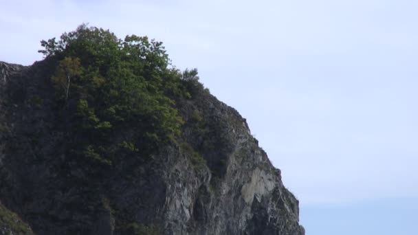 Grüne steinige Felsen Küste Strand und Meereswellen Wasseroberfläche im Japanischen Meer. — Stockvideo
