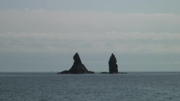 Mar olas agua superficie en verde piedra rocas costa playa en japón mar . — Vídeos de Stock