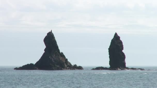 Havet vågor vatten ytan på gröna steniga klippor kust strand i Japan havet. — Stockvideo