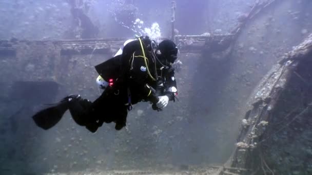 Scuba δύτες κολύμπι Εξερευνήστε ναυάγιο Σάλεμ εκφράζουν βαθιά υποβρύχια. — Αρχείο Βίντεο