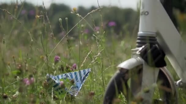 Mano del niño toma barco de papel en hierba verde cerca de rueda scooter en el campo. — Vídeos de Stock