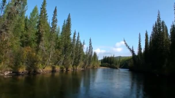 Tir à partir de bateau à moteur en mouvement de rapides avec de l'eau transparente de la rivière Lena. — Video