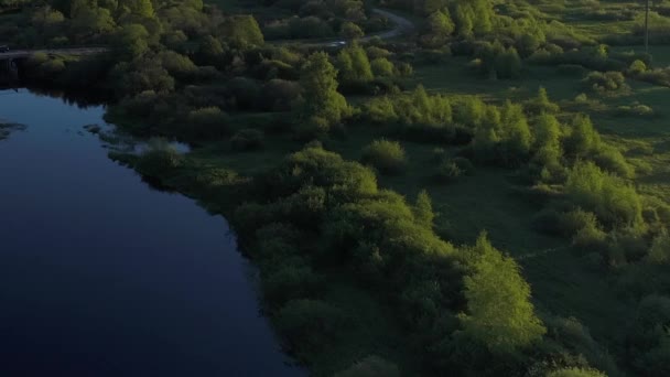 Ambiente selvagem de rio florestal com transparente preenchido com água doce rodeado por campo verde com vistas deslumbrantes da paisagem cinematográfica. Conceito clima natureza exterior . — Vídeo de Stock