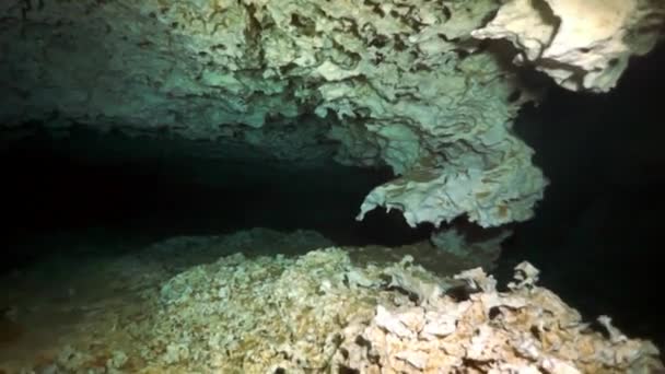 Divers in rocks of underwater cave Yucatan Mexico cenotes. — Stock Video